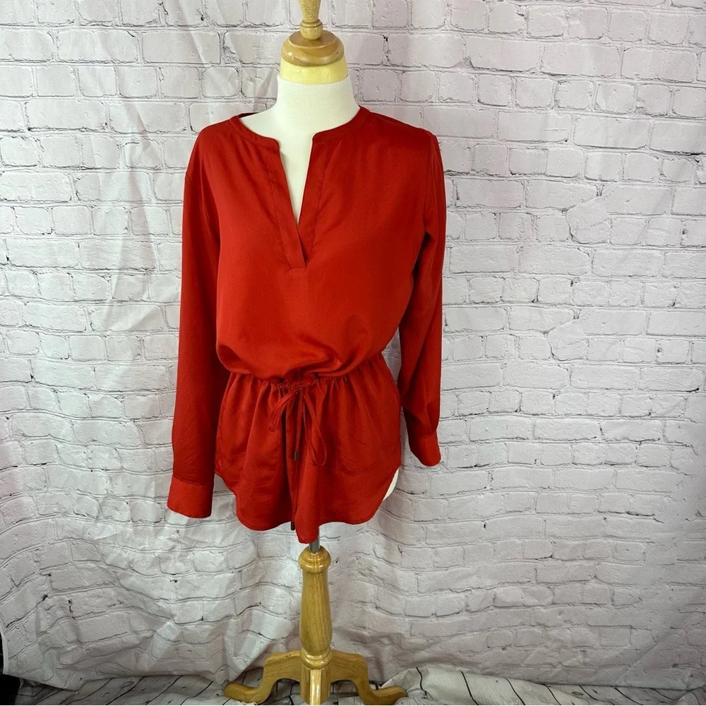 Lauren ralph lauren red tunic with drawstring waist v-neck long sleeve sz medium